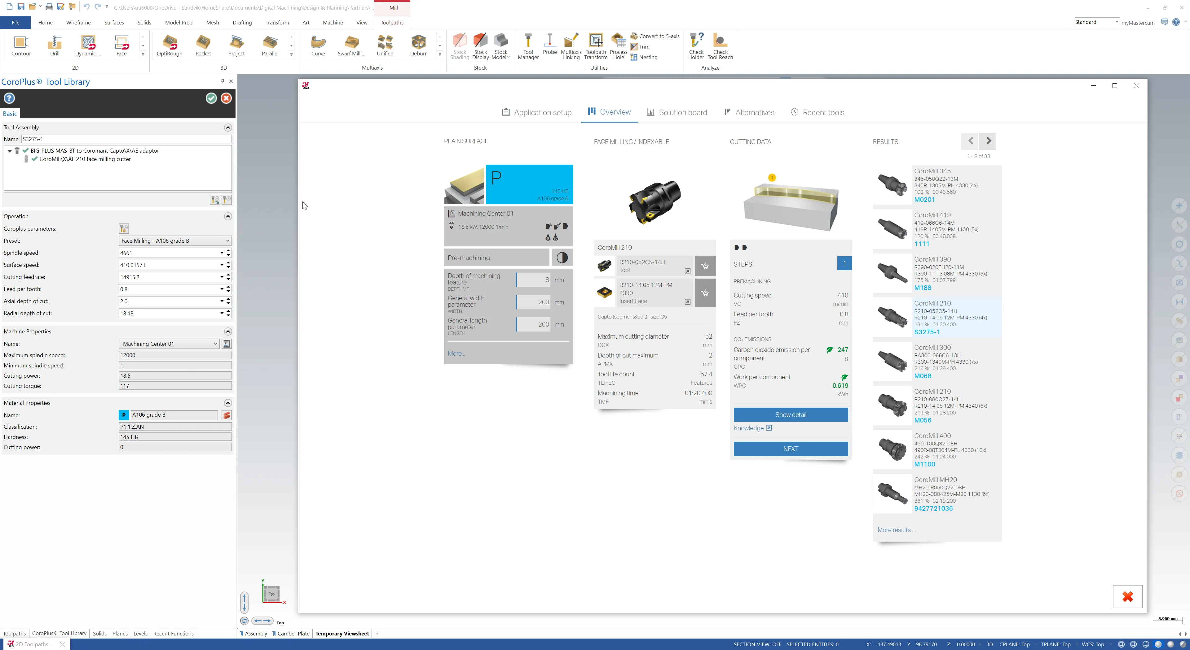 tool recommendation from coroplus tool library add-in in mastercam software